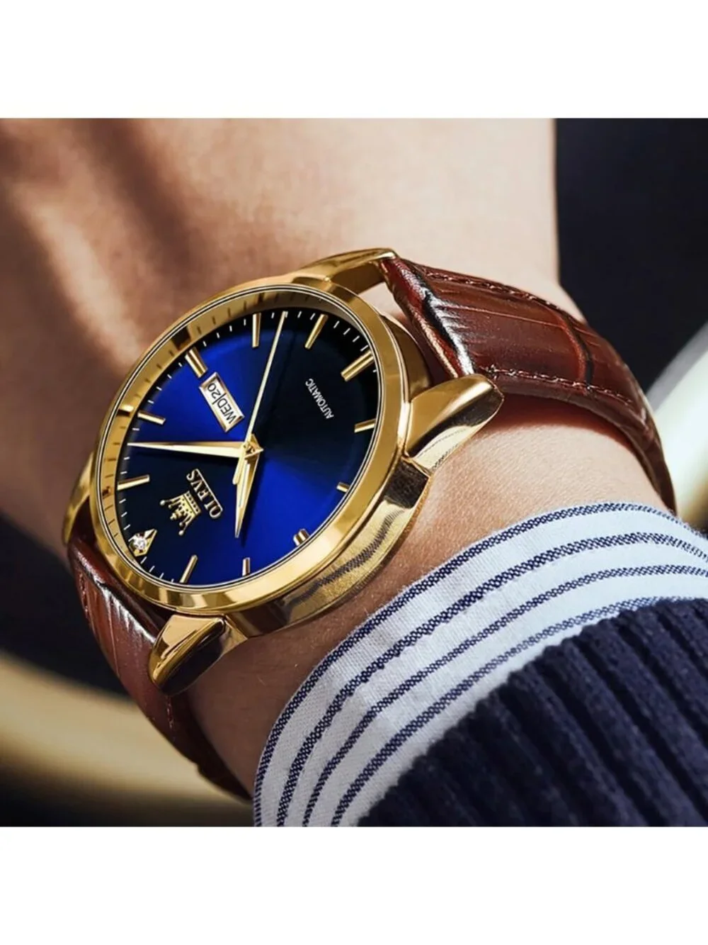Men's Brown strap/Blue Dial Luxury Leather Band Mechanical Classic Wrist Watch